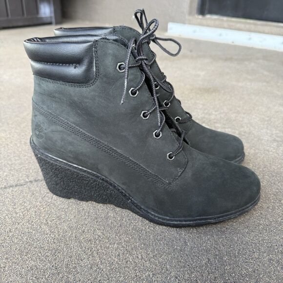 Timberland Boots Women's Amston Size 10 Wedge Heel Black Nubuck Lace Up Bootie - Picture 1 of 8